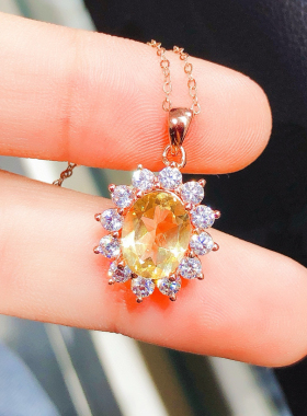 天然黄水晶吊坠925银项链镀18K白金镶嵌女款原矿彩宝挂件颈饰时尚