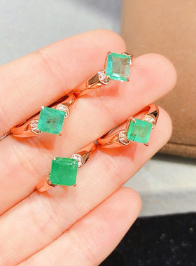 天然哥伦比亚祖母绿戒指颜色浓绿6-7mm925银精工镶嵌 开口戒