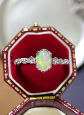 纯天然超美欧泊戒指 晶体好火彩满满衬肤白925银精工镶嵌