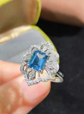 天然伦敦蓝托帕石戒指女晶体全净火彩爆闪精工银镶嵌支持检测