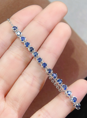 精致小轻奢天然蓝蓝宝石手链玻璃体 多颗 3MM925银镀金