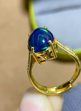 超大颗粒澳洲黑欧泊银饰戒指银镶嵌火彩闪耀漂亮时尚精致活口设计