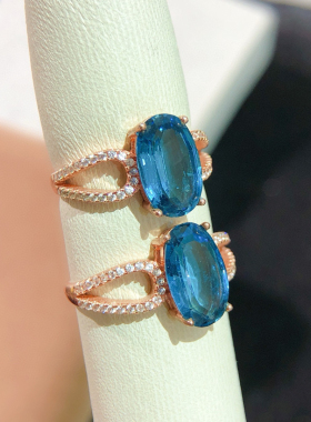 纯天然伦敦蓝蓝托帕石颜色超深主石尺寸8*12mm925银精工镶嵌