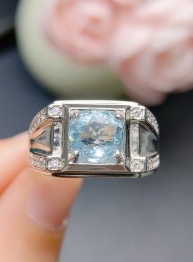 天然海蓝宝s925银戒指男款大颗粒克拉指环托镶嵌加工