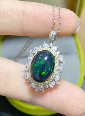 戴妃款澳洲黑欧泊吊坠项链女经典款彩色宝石吊坠女镶嵌定制