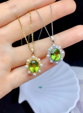 新款高贵超闪大颗粒8*10天然橄榄石吊坠项链S925纯银镀金镶嵌绝美