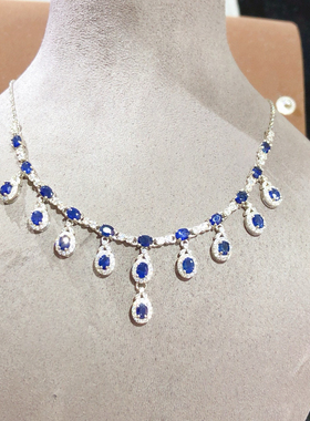 天然斯里兰卡蓝宝石项链锁骨链 925银镀18K白金镶嵌在石3*4mm豪华