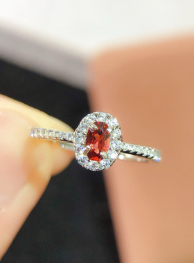 天然红石榴石戒指  925银精工镶嵌 全净体火彩超闪主石3*5mm