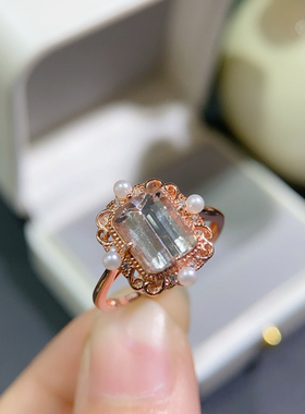 巴西天然樱花粉摩根石戒指s925银镀18K金镶嵌天然摩根石 可鉴定