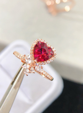 天然鸽血红色石榴石戒指女s925纯银简约冷淡风个性宝石开口指环戒