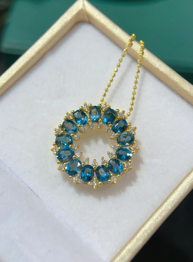 纯天然伦敦蓝蓝托帕石吊坠，超赞颜色 全净体品质火彩超赞甜甜圈