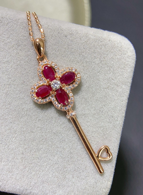 520情人节皇冠钥匙项链女18K金玫瑰金天然红宝石锁骨链七夕礼物