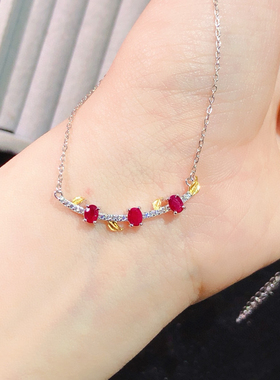 925银天然红宝石锁骨链 项链 简单精致 精工镶嵌 主石尺寸3*4