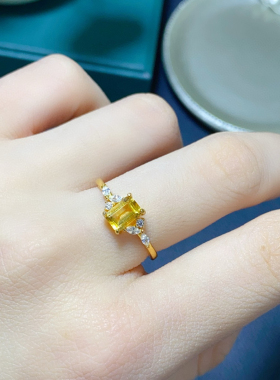 天然招财黄水晶戒指戒面颗颗规格4*6mms925纯银镀18k真金镶嵌