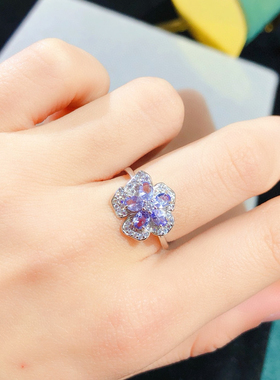 天然坦桑石戒指925银戒指坦桑石蓝色切面净体火彩好坦桑石戒指