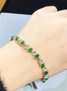 925纯银手链镶嵌天然透辉石彩宝 保真 支持复检 心4mm 可定制