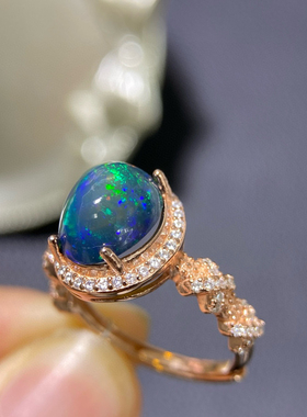 天然黑欧泊戒指女银镀18K金镶嵌彩宝澳宝石时尚个性指环送女友