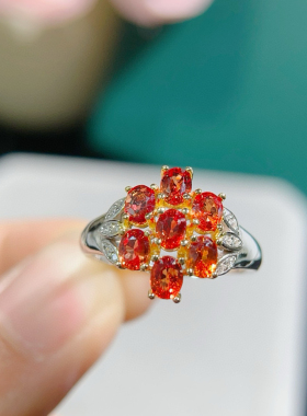 天然红色蓝宝石戒指颜色超美女戒S925纯银奢华靓丽别致花形款