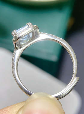 2024新款天然海蓝宝长方形戒指6*8mm长方形公主戒指 时尚订婚指环