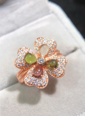 s925银镶嵌天然碧玺戒指女四叶草彩色宝石时尚个性指环开口可调节