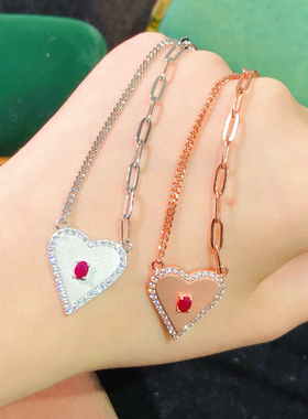 纯天然无烧红宝石项链女潮爱心满镶天然老烧红宝石 3*4mm