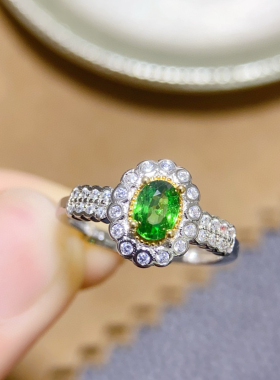 纯天然沙弗来戒指主石4*6mm925纯银精工镶嵌 女贵重宝石