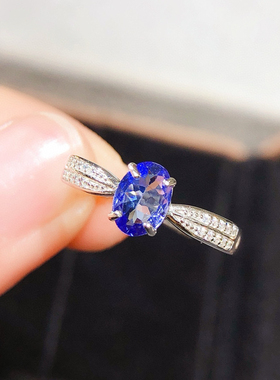 925银镶天然坦桑石戒指 主石尺寸5*7mm优雅精致活口女戒