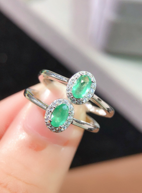 天然哥伦比亚祖母绿戒指颜色浓绿3*5mm925银精工镶嵌