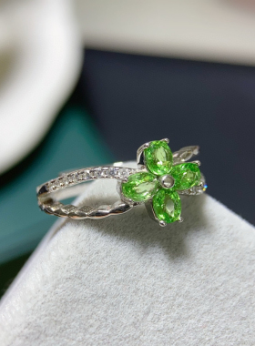 新款天然沙弗来戒指3*4Mm开口宝石戒指925银镀白金色