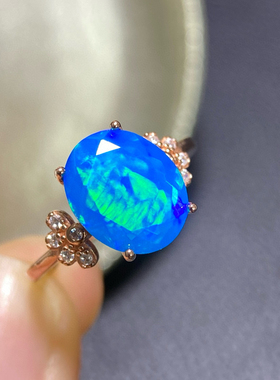 天然蓝欧泊戒指开口戒指S925银精工镶嵌主石尺寸9*11mm