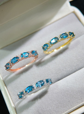 纯天然伦敦蓝蓝托帕石戒指3*5mm925银精工镶嵌玫瑰金色