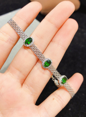 天然透辉石手链女银镶嵌时尚通勤款彩色宝石钻石手链手镯女