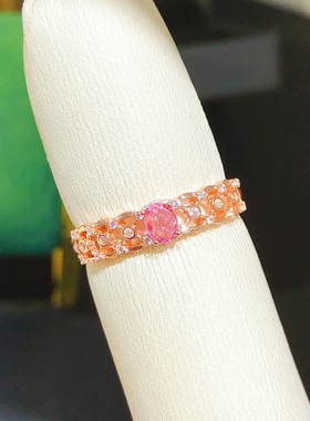 天然红宝石戒指925银镀金精工镶嵌开口戒指 石3*4MM