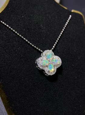 高级经典花园系列珠宝工艺天然欧泊吊坠四叶草造型主石3*4mm