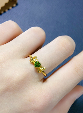 s925纯银戒指天然透辉石4mm精工 厚重银版 蝴蝶结气质女戒