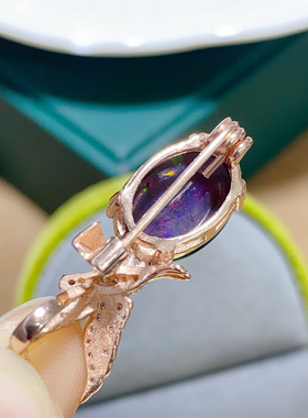 纯天然超美素面黑欧泊胸针吊坠两用款主石10*14mm 925银精工镶嵌