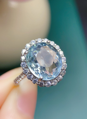 天然海蓝宝戒指晶体干净主石10*12mm值圈活口 不挑指围s925银镶嵌