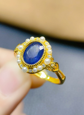 2024新款时尚女性金色镶嵌蓝宝石珍珠戒指简约风格百搭戒指
