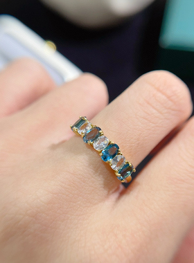 纯天然伦敦蓝蓝托帕石戒指3*5mm925银精工镶嵌三色可选