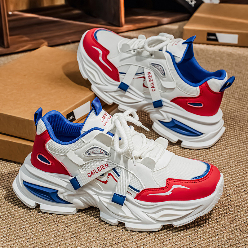 秋季男鞋新款透气网面运动鞋子男潮流百搭厚底增高休闲黑色老爹鞋 - 图1