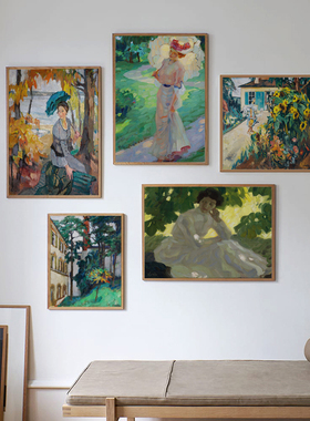 德国利奥普茨北欧古典艺术花园唯美装饰画画芯绿色风景人物贵妇