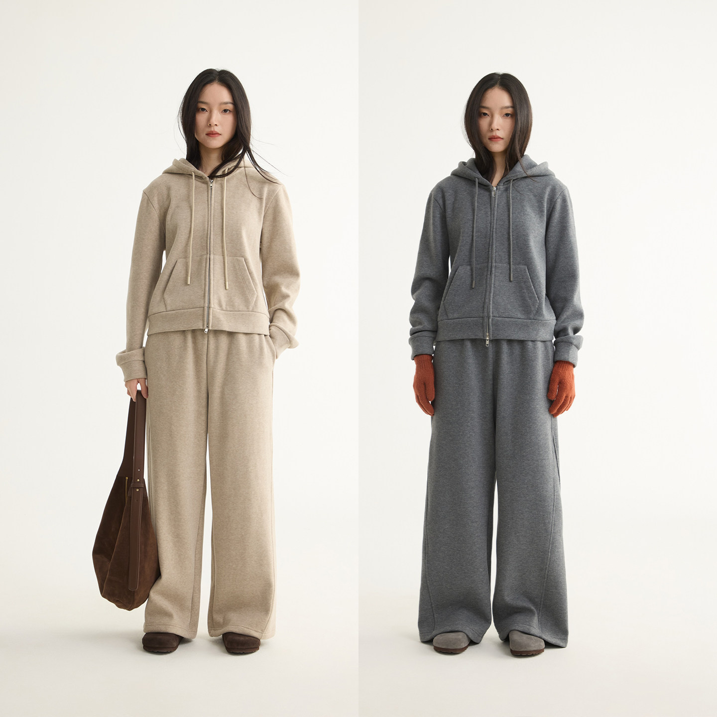 芙蕖FUXU 一件过冬 连帽拉链短卫衣松紧腰阔腿直筒长裤两件套装女