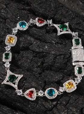 ICED嘻哈彩色宝石项链女珠宝满天星饰品锁骨链锆石男士手链