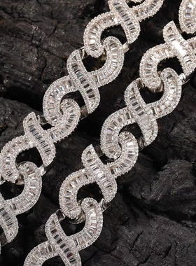 欧美新款几何T方无限弹簧扣镶锆石15mm宽古巴链嘻哈街头镶钻