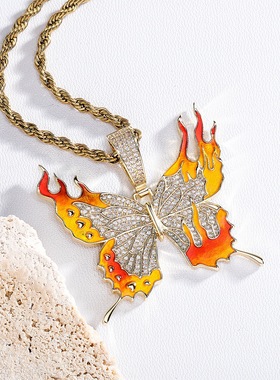 欧美嘻哈珠宝 镶钻结合珐琅渐变火焰蝴蝶情侣吊坠