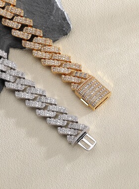 18mm三排锆石菱形古巴链嘻哈项链饰品男士满钻项链