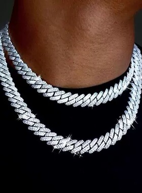 14mm菱形古巴链男士项链金色银色双排锆石锆石嘻哈锁骨链