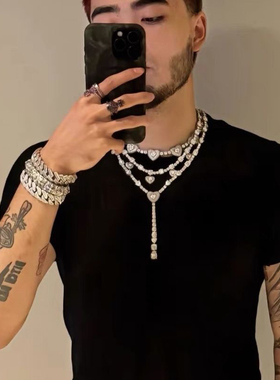 偷米同款三条爱心锆石网球项链thomeboydontkill嘻哈满钻项链