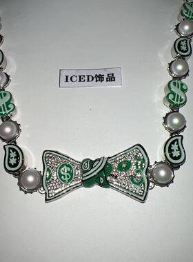 ICED饰品kenrobb同款腰果花镶嵌5a锆石珐琅滴油工艺领结珍珠项链