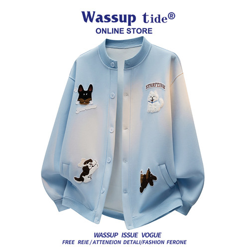 WASSUP TIDE卫衣可爱小狗刺绣棒球服男宽松潮牌立领开衫夹克上衣 - 图1
